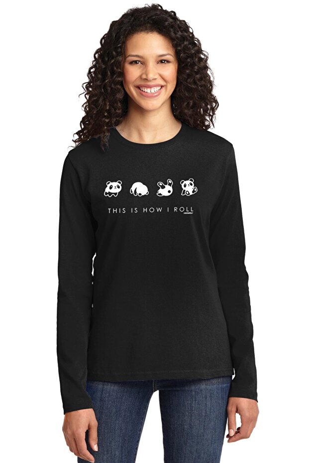 Panda Taklası Black Long Sleeve Relax Fit Combed Cotton Women's T-Shirt