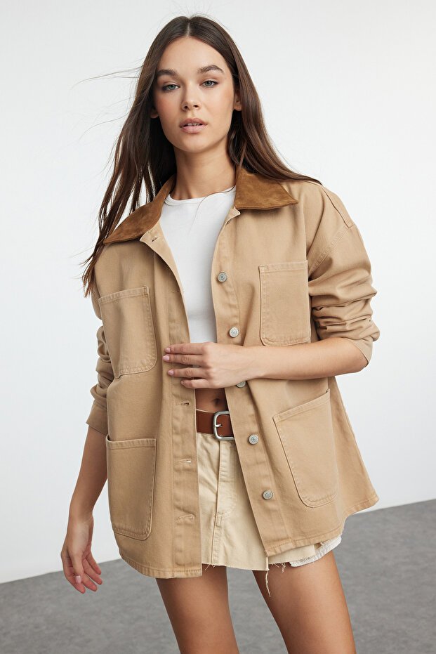 Kahverengi Süet Kontrast Yaka Denim Gömlek Ceket TWOAW25CE00026 - 1