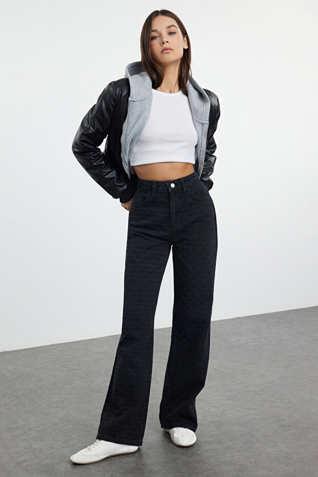 Black Patterned High Waist Wide Leg Jeans Twoss24Je00278