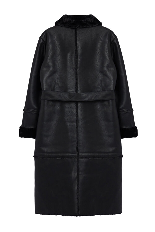 Fekete Oversize széles vágott öves szőrme gallér, részletes hosszú műbőr kabát TWOAW24KB00188 - 14