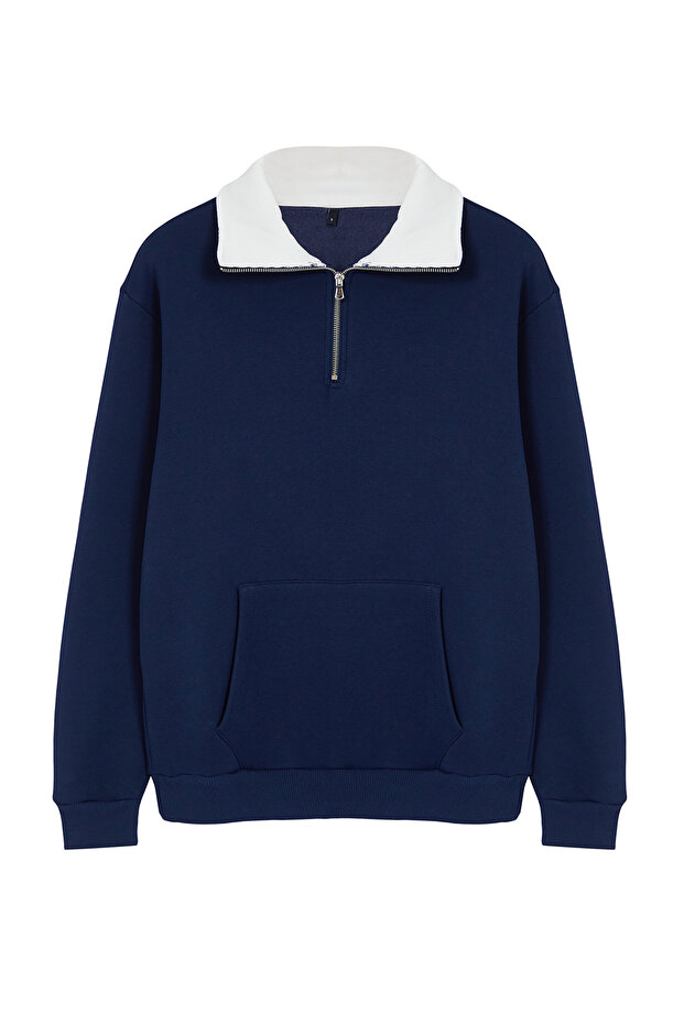 Lacivert Oversize/Geniş Kesim Dik Yaka Fermuarlı İçi Polarlı/Sıcak Tutan Sweatshirt TMNAW25SW00081 - 6