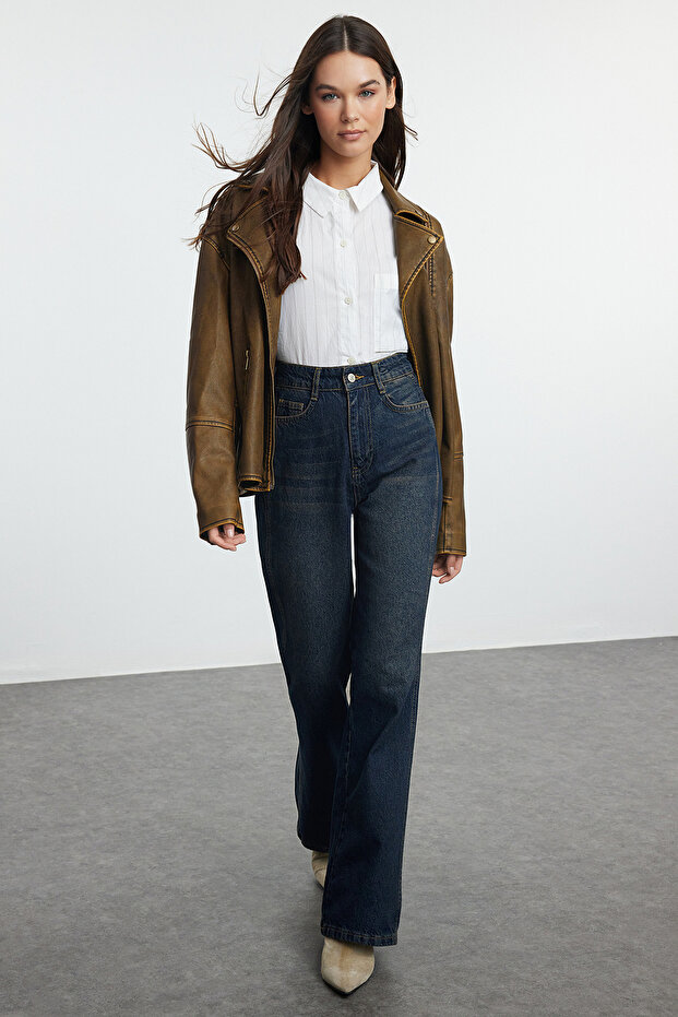 Koyu Mavi Yüksek Bel Geniş Paça Wide Leg Jeans %100 Pamuk Non-Stretch TWOAW24JE00313 - 3