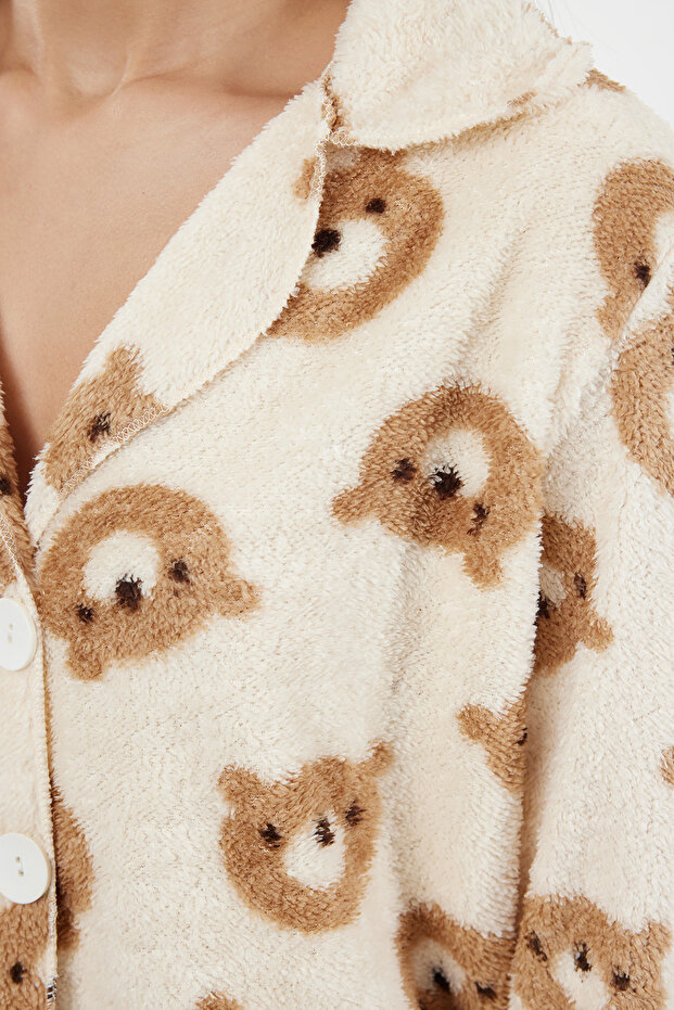 Ekru Ayıcıklı Wellsoft Kışlık Örme Pijama Takımı THMAW25PT00054 - 3