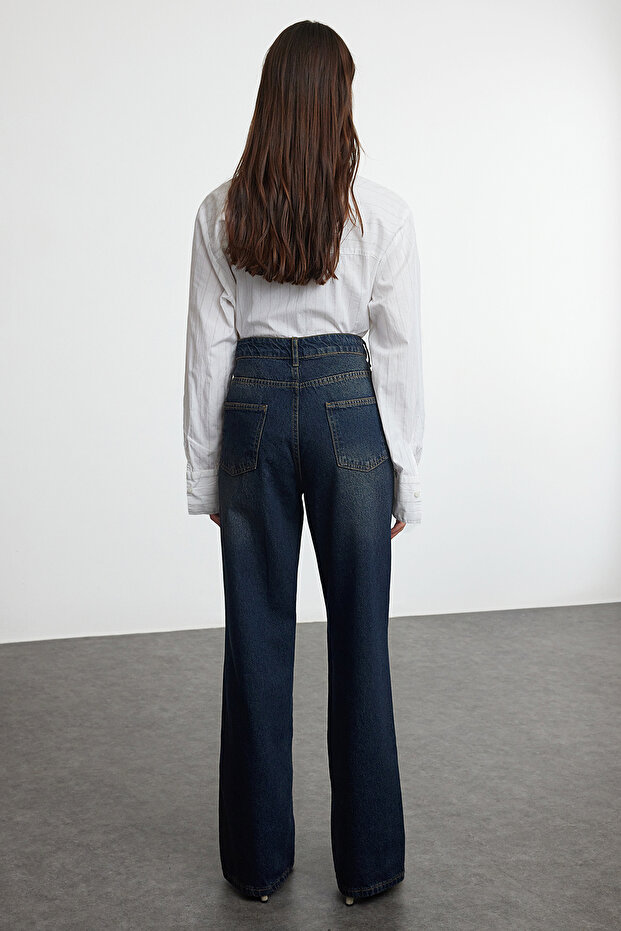 Koyu Mavi Yüksek Bel Geniş Paça Wide Leg Jeans %100 Pamuk Non-Stretch TWOAW24JE00313 - 6