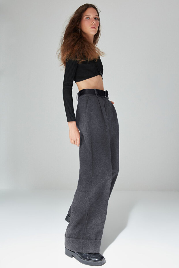 Antrasit Wide Leg/Geniş Paça Yüksek Bel Dokuma Pantolon TWOAW23PL00302 - 6