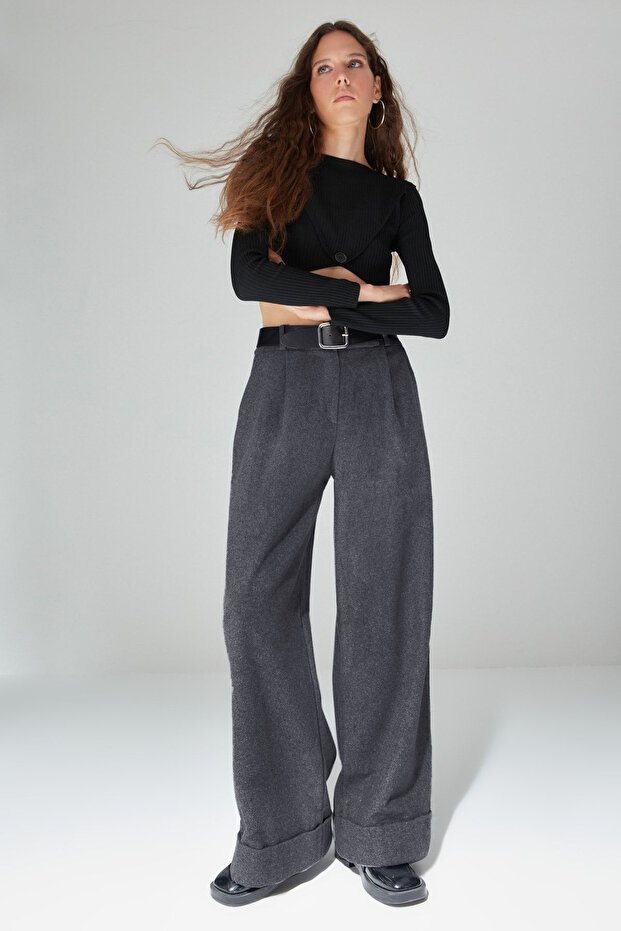 Antrasit Wide Leg/Geniş Paça Yüksek Bel Dokuma Pantolon TWOAW23PL00302 - 2