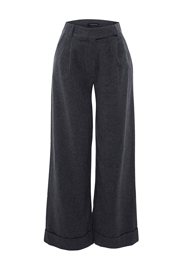 Antrasit Wide Leg/Geniş Paça Yüksek Bel Dokuma Pantolon TWOAW23PL00302 - 10