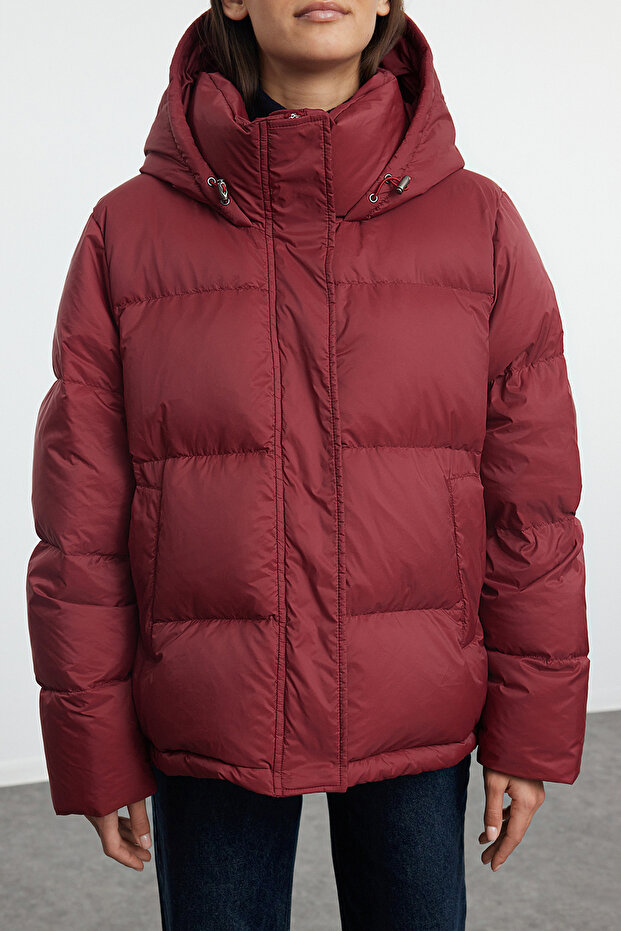 Bordo Oversize Kapüşonlu Kaz Tüylü Su İticili Şişme Mont TWOAW25MO00102 - 3