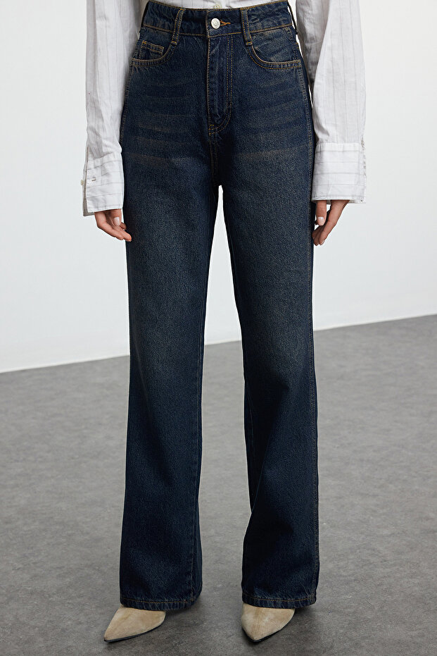 Koyu Mavi Yüksek Bel Geniş Paça Wide Leg Jeans %100 Pamuk Non-Stretch TWOAW24JE00313 - 4