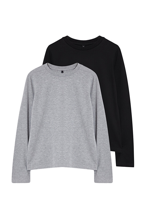 Siyah-Gri 2'li Paket %100 Pamuk Bisiklet Yaka Regular/Normal Kesim Örme T-Shirt TWOAW25TS00001 - 15