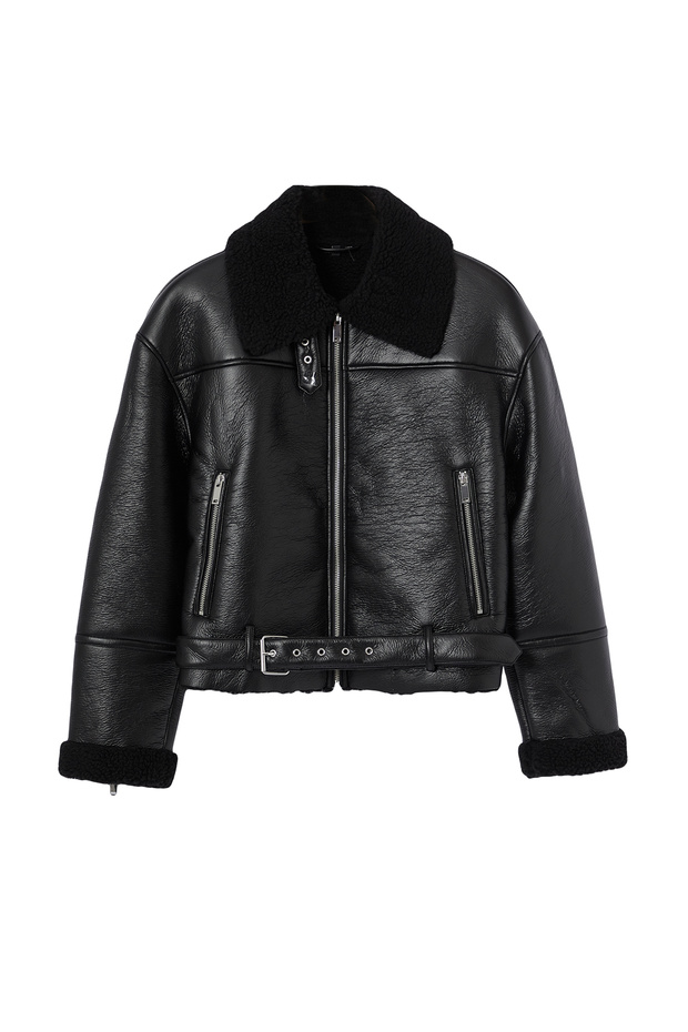 Siyah Regular Kalıp Peluş Detaylı Suni Deri Biker Ceket Mont TWOAW24MO00279 - 12