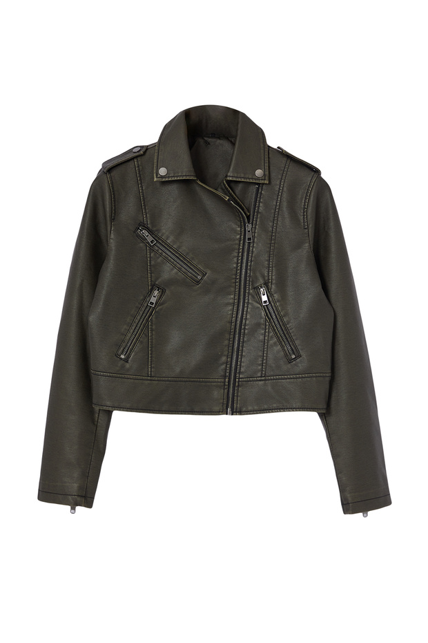 Antrasit Eskitme Detaylı Suni Deri Biker Ceket Mont TWOAW24MO00277 - 15