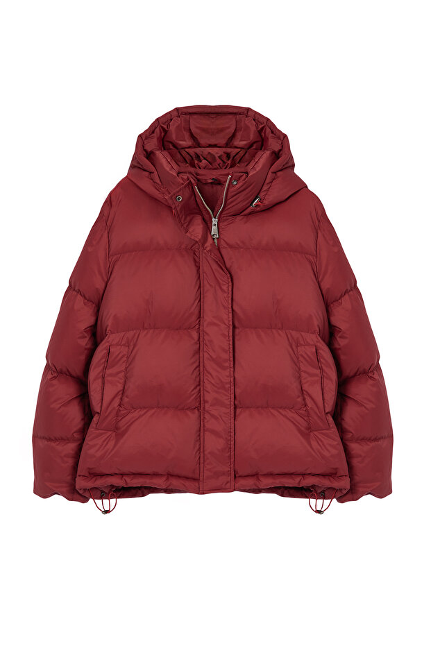 Bordo Oversize Kapüşonlu Kaz Tüylü Su İticili Şişme Mont TWOAW25MO00102 - 6
