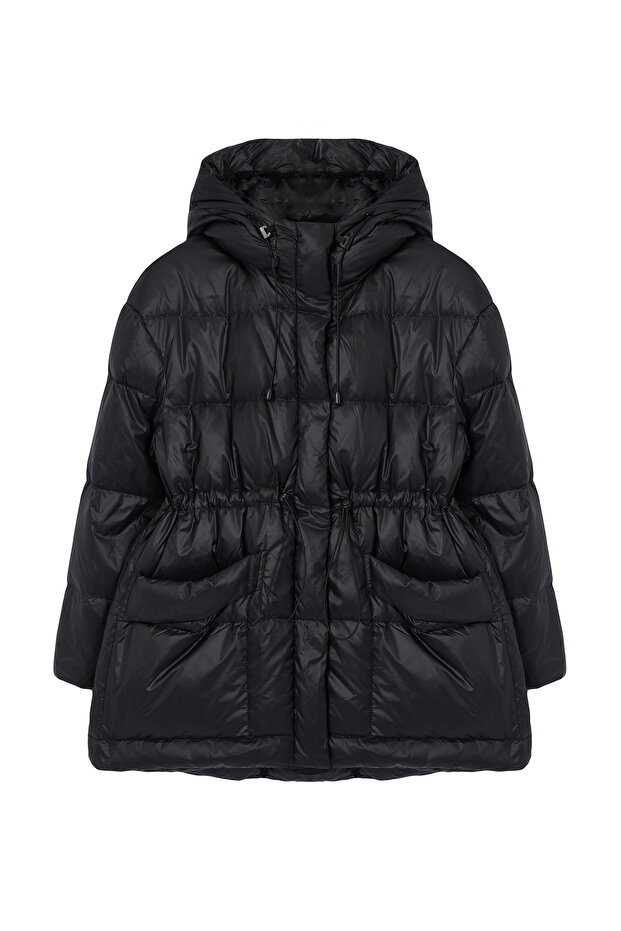 Siyah Oversize Kapüşonlu Kaz Tüylü Şişme Mont TWOAW25MO00111 - 7