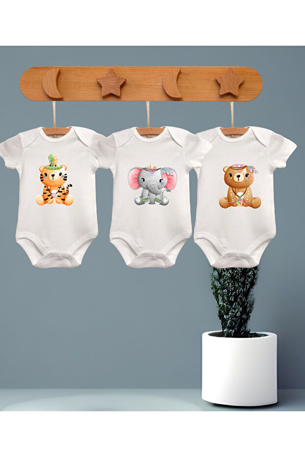 100% Cotton 3-Piece Kızıldere Printed Short Sleeve Baby Bodysuit