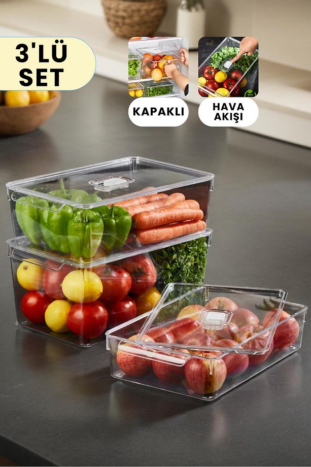 Buzdolabı Dolapiçi Düzenleyici Organizer Kapaklı 3'Lü Set (Mini, Midi, Maxi) - 1
