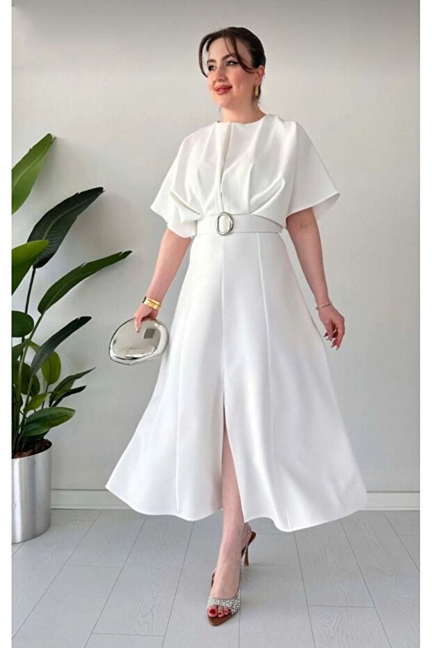 MİDİ BOY ELBİSE KEMER DETAYLI MİDİ ELBİSE - 3