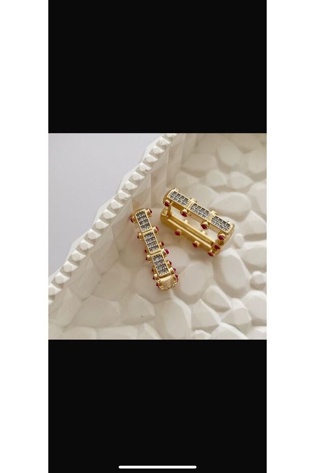 Çelik Leyla Rectangular Earrings with Stones - 1