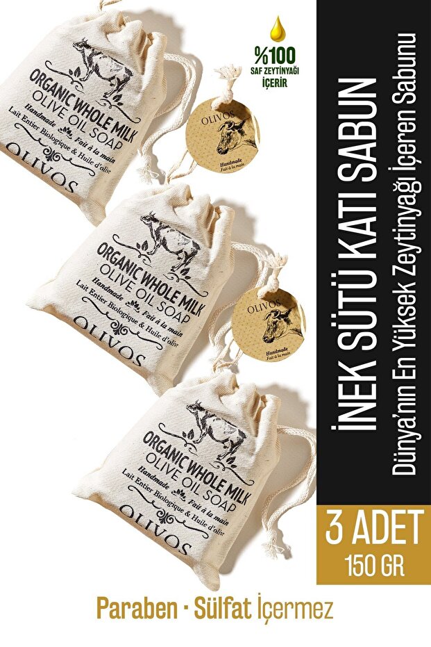 Natural Cow Milk and Olive Oil Solid Soap Cow Milk Hand Soap Pouch Gift 3 Pcs 150 Gr