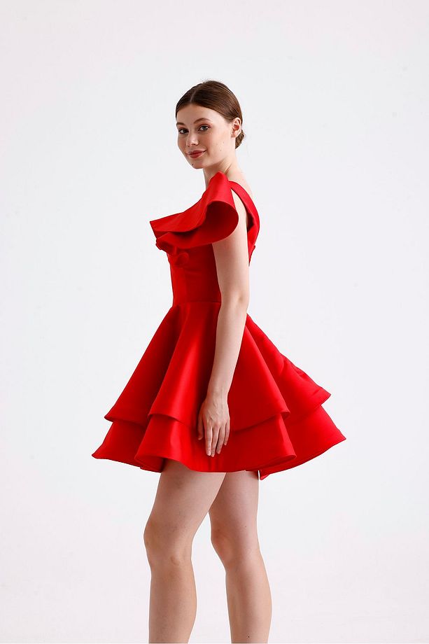 Volanlı Kırmızı Mini Elbise - 3