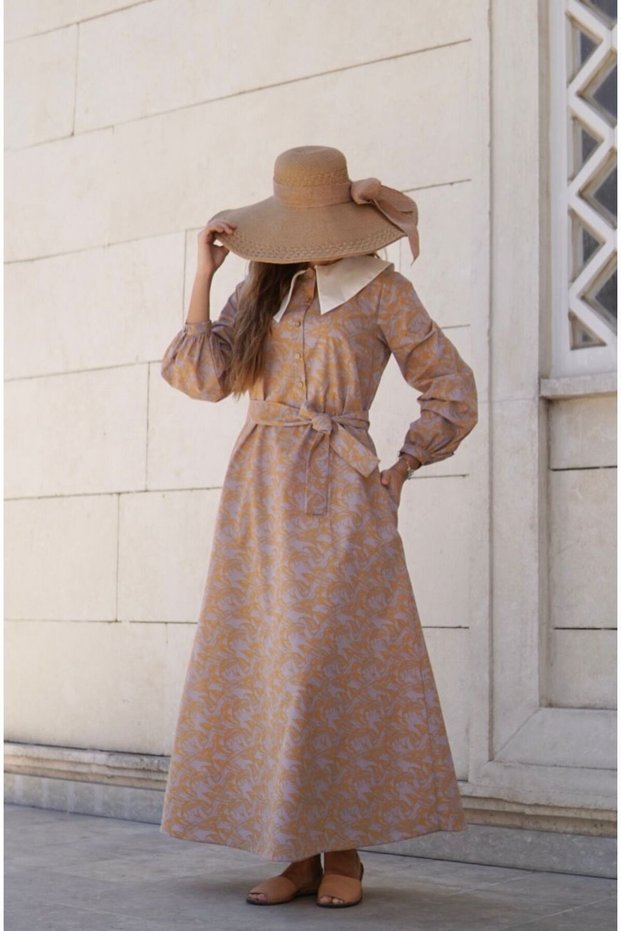 Vintage Pocketed Buttoned Leaf Patterned Mustard Yellow-Gray Fairytale Dress with Collar Detail