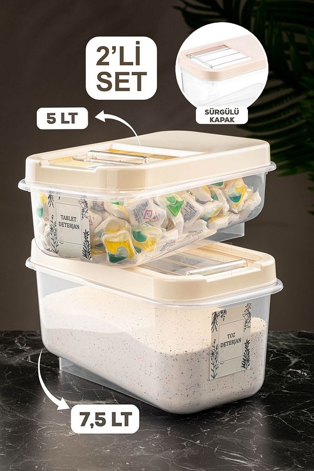2'li Etiketli Kayar Kapaklı Deterjan Saklama Kabı - Tablet Deterjan Saklama Kutusu 5lt-7,5lt Krem - 1