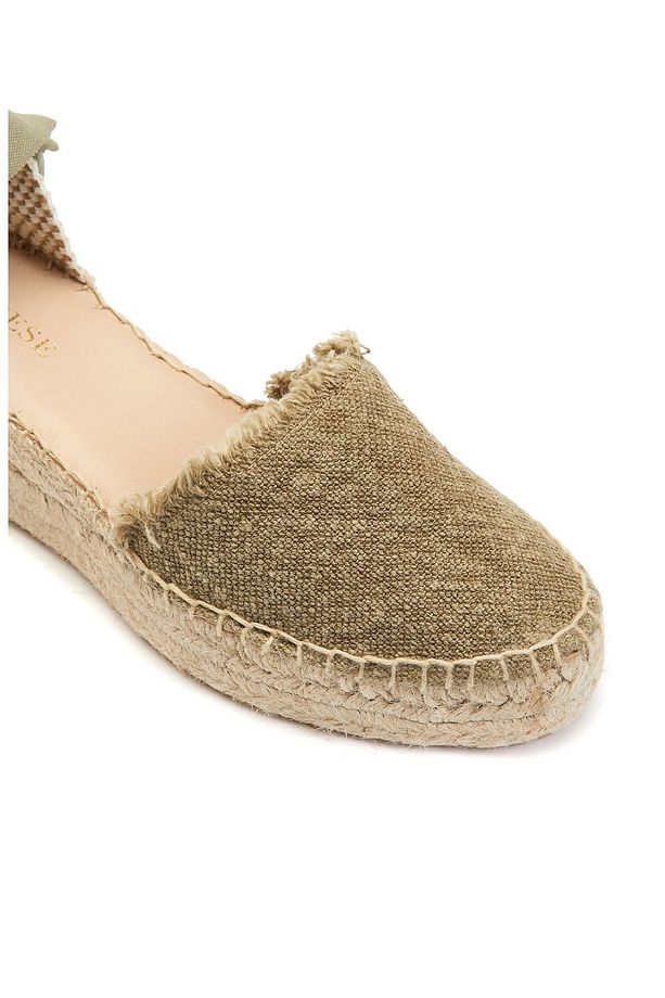 Haki Yuvarlak Burun Dolgu Topuklu Bağcıklı Kauçuk Tabanlı Espadril - 5