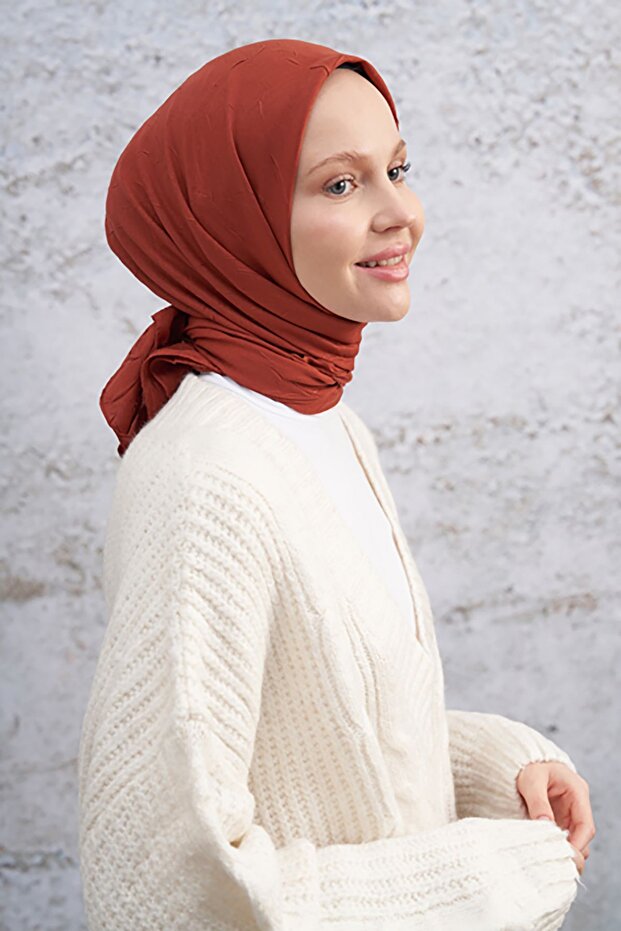 Bambu Kraş Desen Eşarp - Kiremit - 3