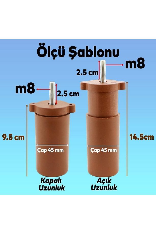Ayarlanabilir Gizli Mobilya Kanepe Baza Koltuk M8 Civatalı Vidalı Orta Destek Ayağı Ayak Kahve 9.5cm - 2