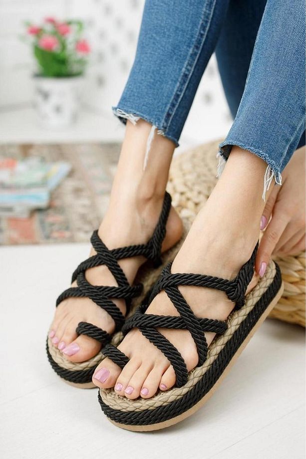 Unisex Hasır Siyah Halat Yüksek Taban Sandalet - 6