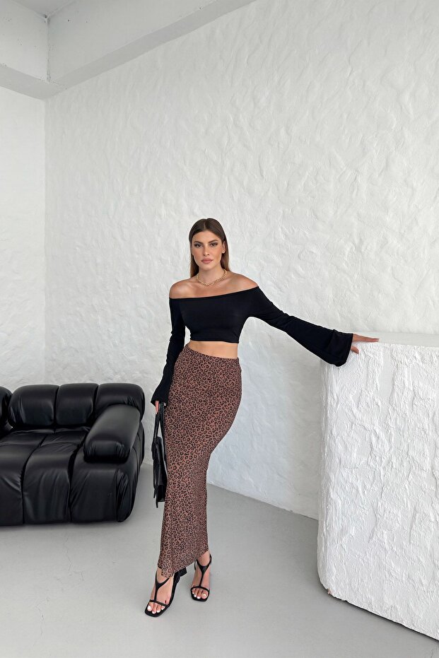 Fusta midi maro cu model leopard - 4