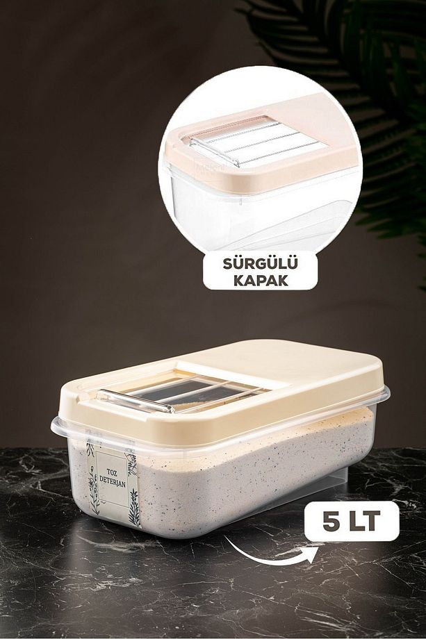 5 Lt Kayar Kapaklı Tablet Deterjan Saklama Kabı - Etiketli Deterjan Saklama Kutusu Krem - 2