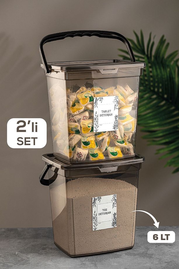 2'li Etiketli 6 Lt Deterjan Saklama Kabı - Kulplu Tablet Deterjan Saklama Kutusu Antrasit - 1