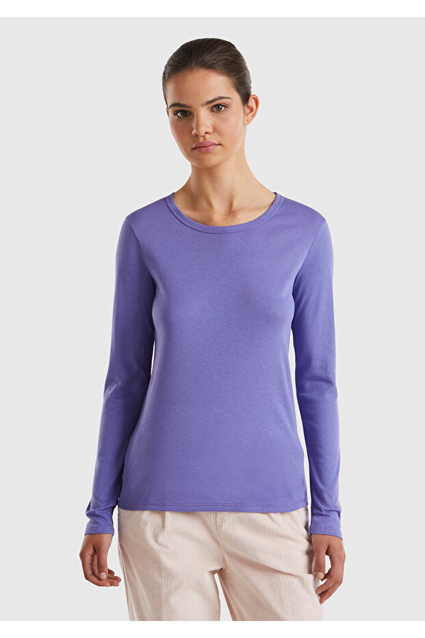 Women's Purple Basic Crew Neck Long Sleeve T-Shirt