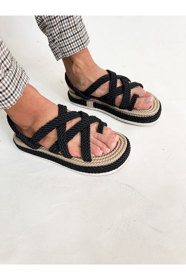 Unisex Hasır Siyah Halat Yüksek Taban Sandalet - 3