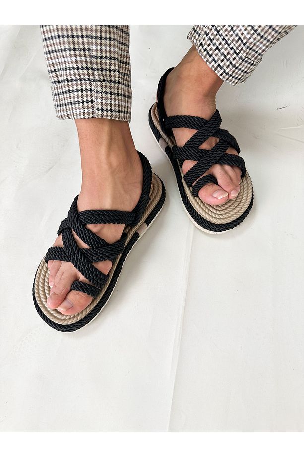 Unisex Hasır Siyah Halat Yüksek Taban Sandalet - 8