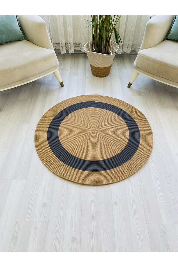 jüt Hasır görünümlü Desenli Modern El Örgüsü daire Halı Kilim - 4