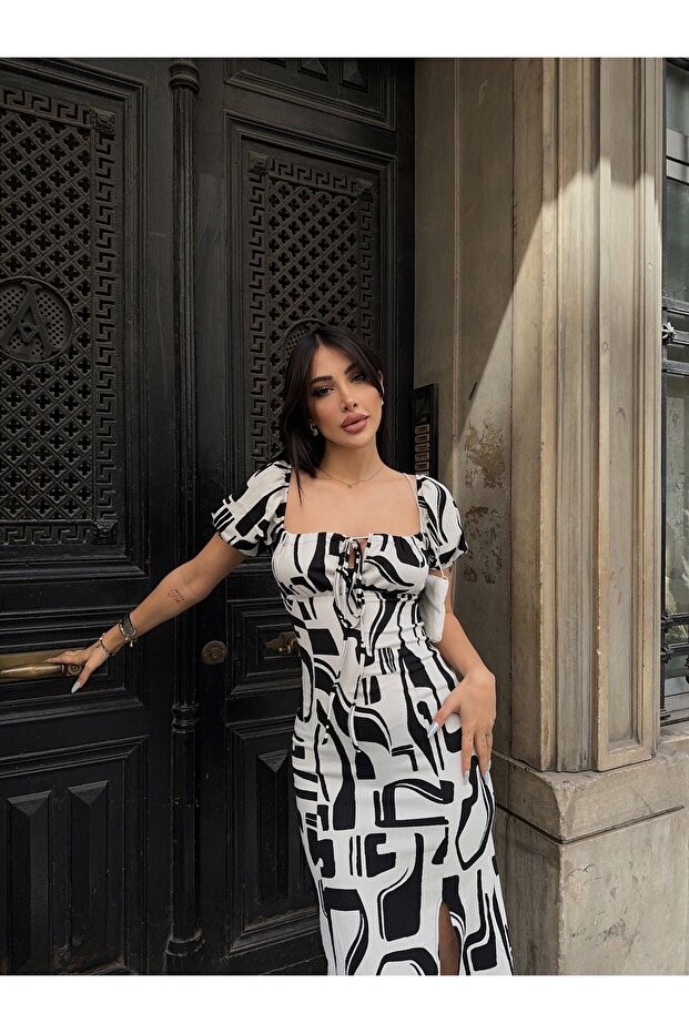 فستان منقوش بأشرطة مجمعة - 2