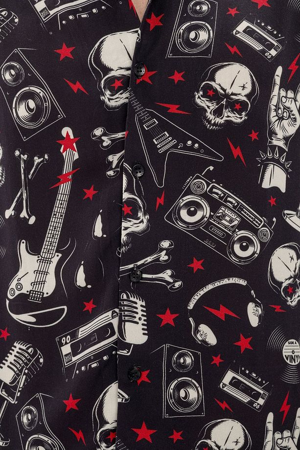 Erkek Rock'n Roll Kuru Kafa Desenli %100 Viskon Kısa Kollu Gömlek - 6