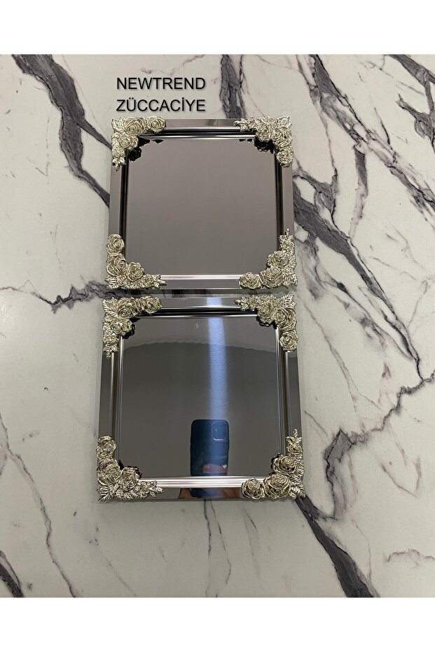 2-Piece Luxury 4-Corner Silver Floral Silver Square Plated Model Tea, Coffee, Catering Presentation Tray 21X21