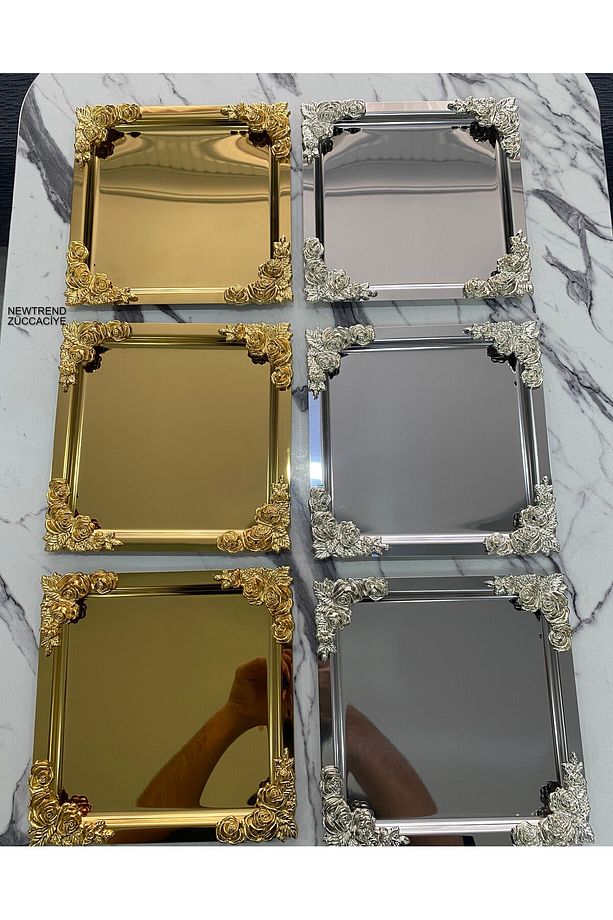 Lüx 4 köşesi Çiçekli 3 Gold 3 Gümüş Kaplama Model çay,kahve,ikram servis Sunum Tepsisi 21x21 - 1