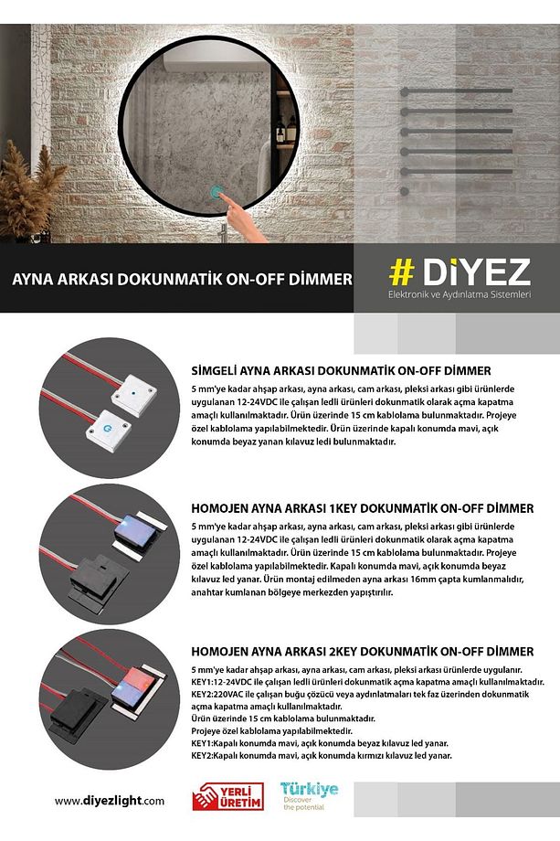 Ayna Arkası On-Off Dimmer Dokunmatik Sensör - Power Simgeli - 12-24V - 8,33A - 100W - 4