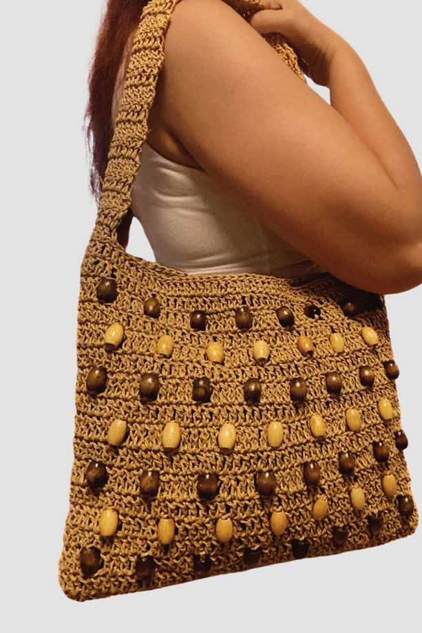 - Nuran 9092 El Yapımı Kağıt İp ile Örülmüş Boncuklu Omuz Çantası  28cm - Kahverengi - 2