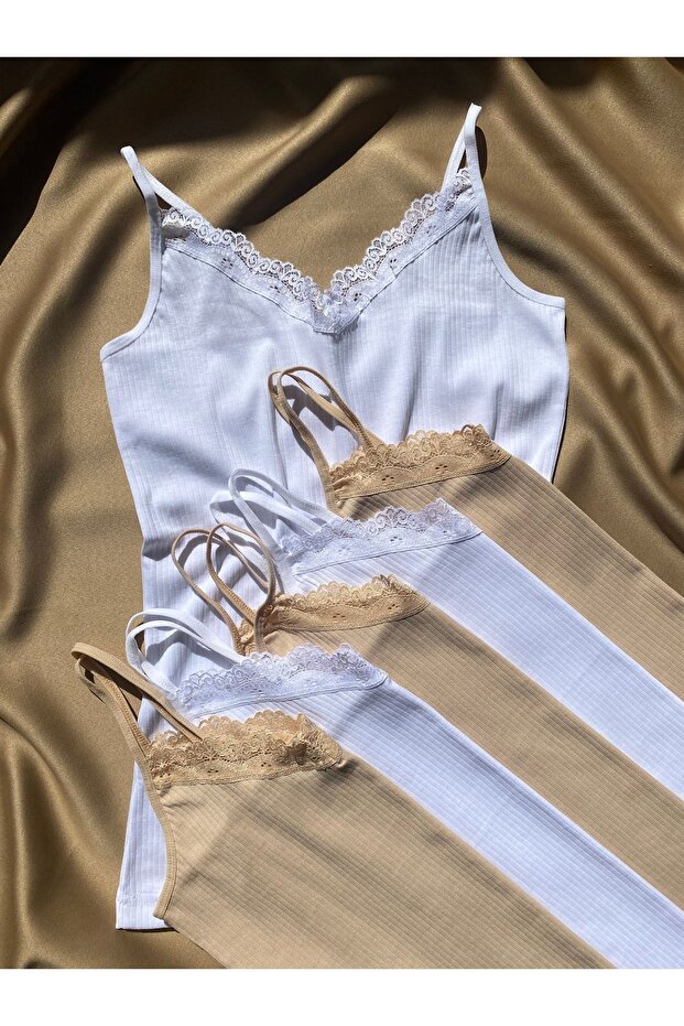 Women's 6-Piece String Strap Cotton, Lycra, Lace, Ribbed Blouse-Athlete (3 White - 3 Skin)