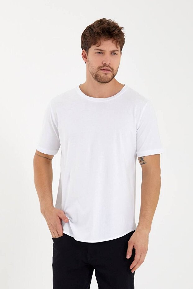 BasicLab %100 Pamuk Basic Oval Kesim Tişört - Beyaz - 4