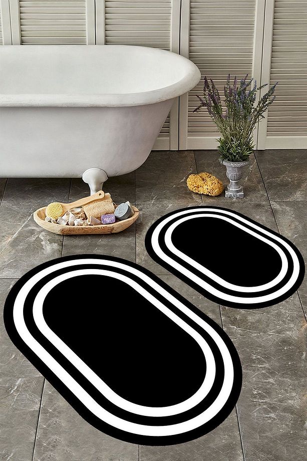 Kaymaz Taban Yıkabilir Toz Leke Tutmaz 2li Set Klozet Oval Banyo Paspas Takımı - 1