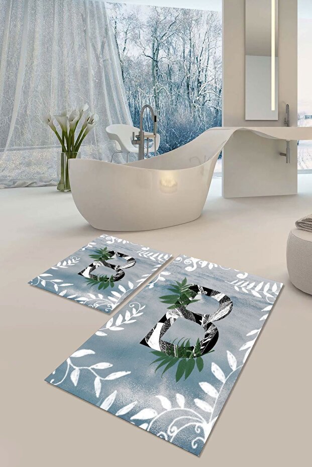 Non-Slip Sole Washable Dust Stain Resistant 2-Piece Set Toilet Bathroom Mat Set
