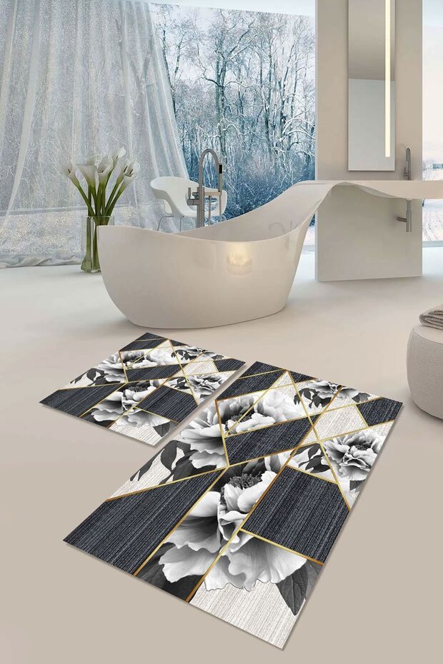 Non-Slip Sole Washable Dust Stain Resistant 2-Piece Set Toilet Bathroom Mat Set