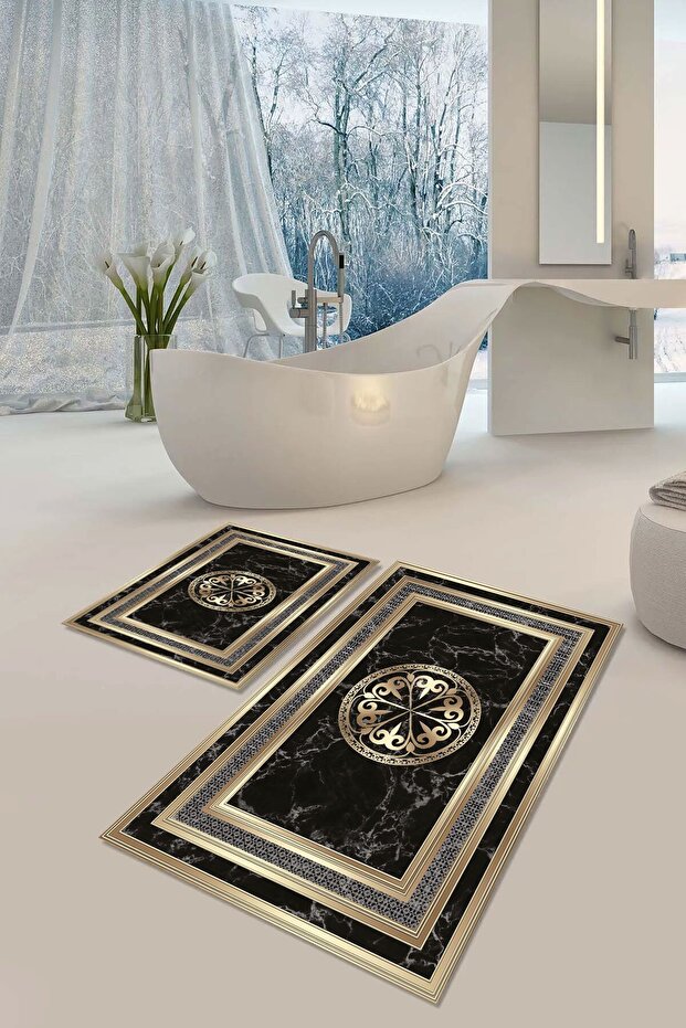 Non-Slip Sole Washable Dust Stain Resistant 2-Piece Set Toilet Bathroom Mat Set