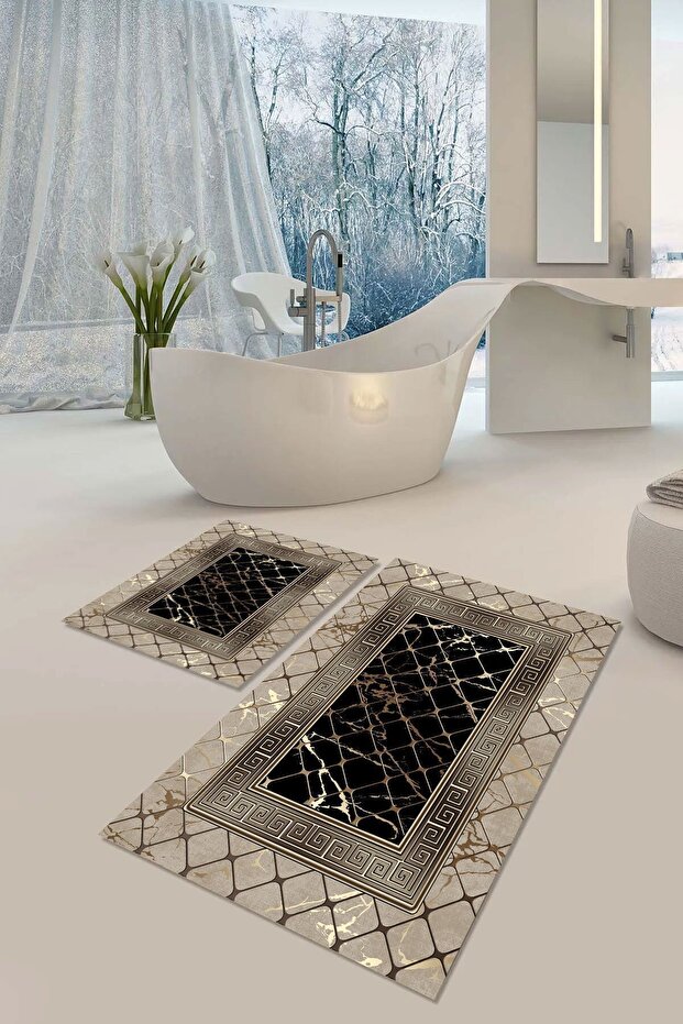 Non-Slip Sole Washable Dust Stain Resistant 2-Piece Set Toilet Bathroom Mat Set